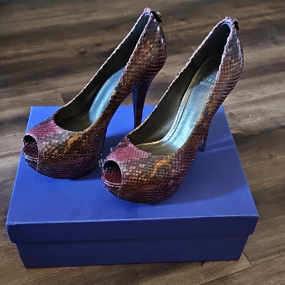 Stuart Weitzman Multicolor Snakeskin Peep-Toe Heels
